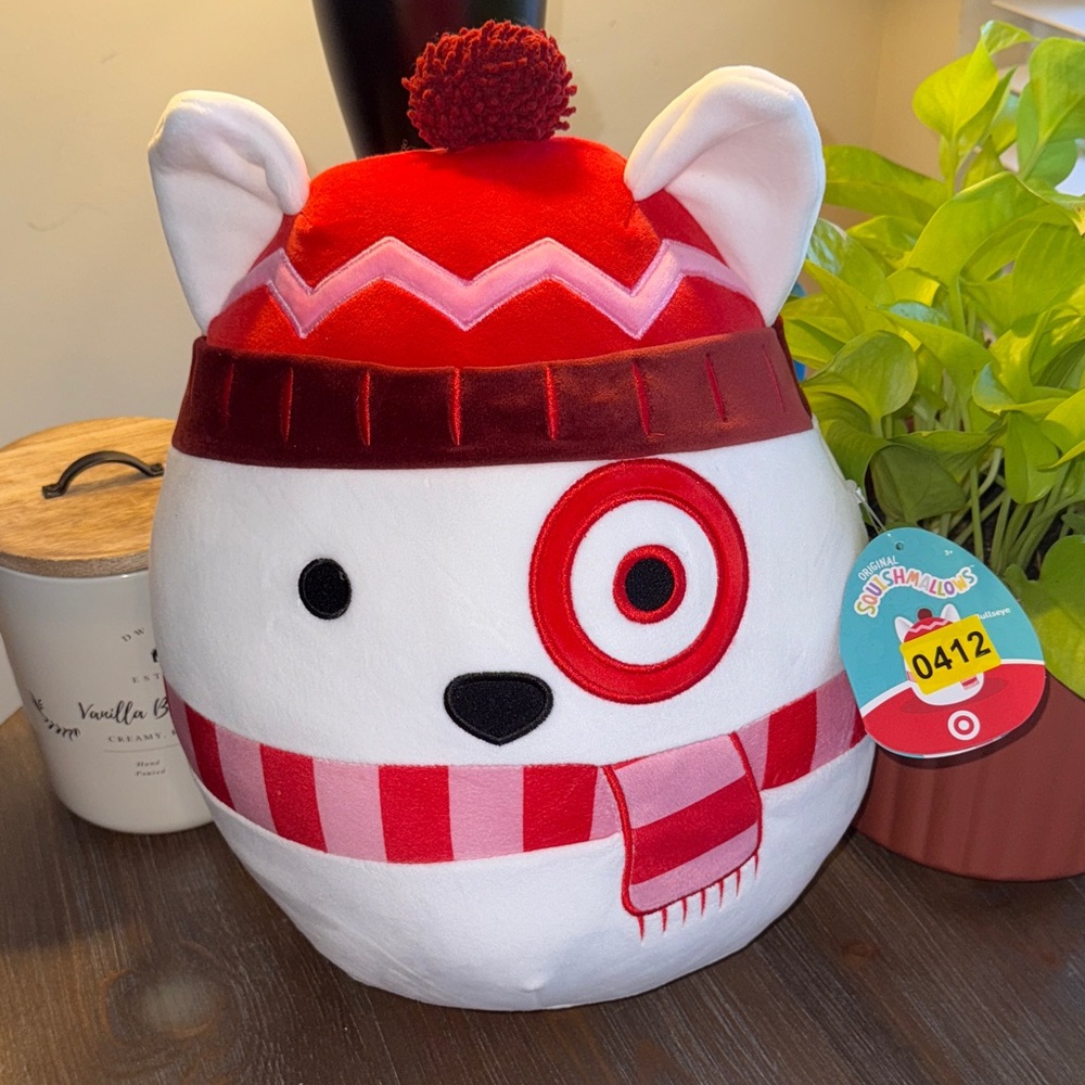 Target Bullseye 12” Squishmallow Mascot Red Beanie Pink and Red Striped Scarf